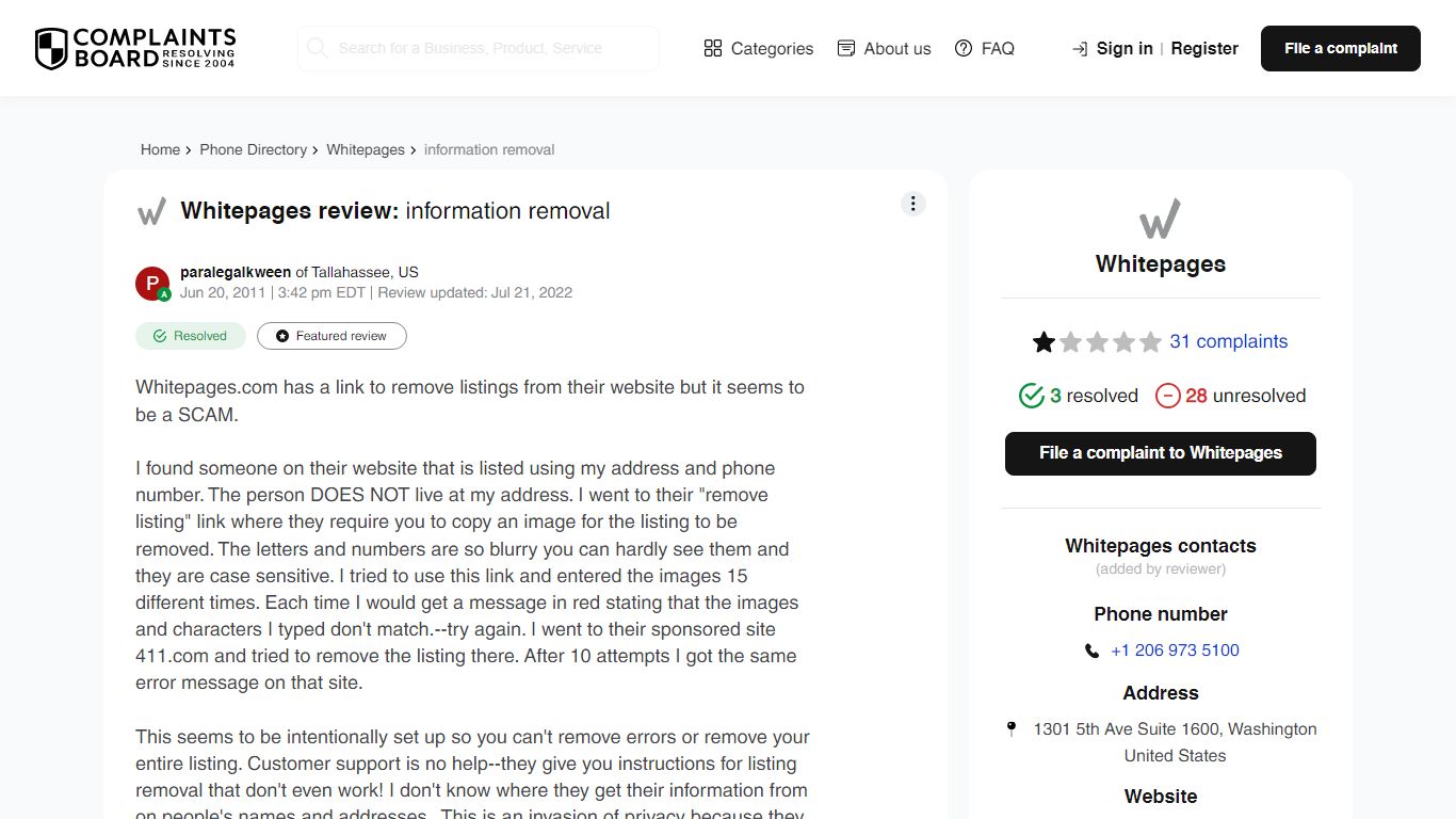Whitepages - information removal - ComplaintsBoard.com